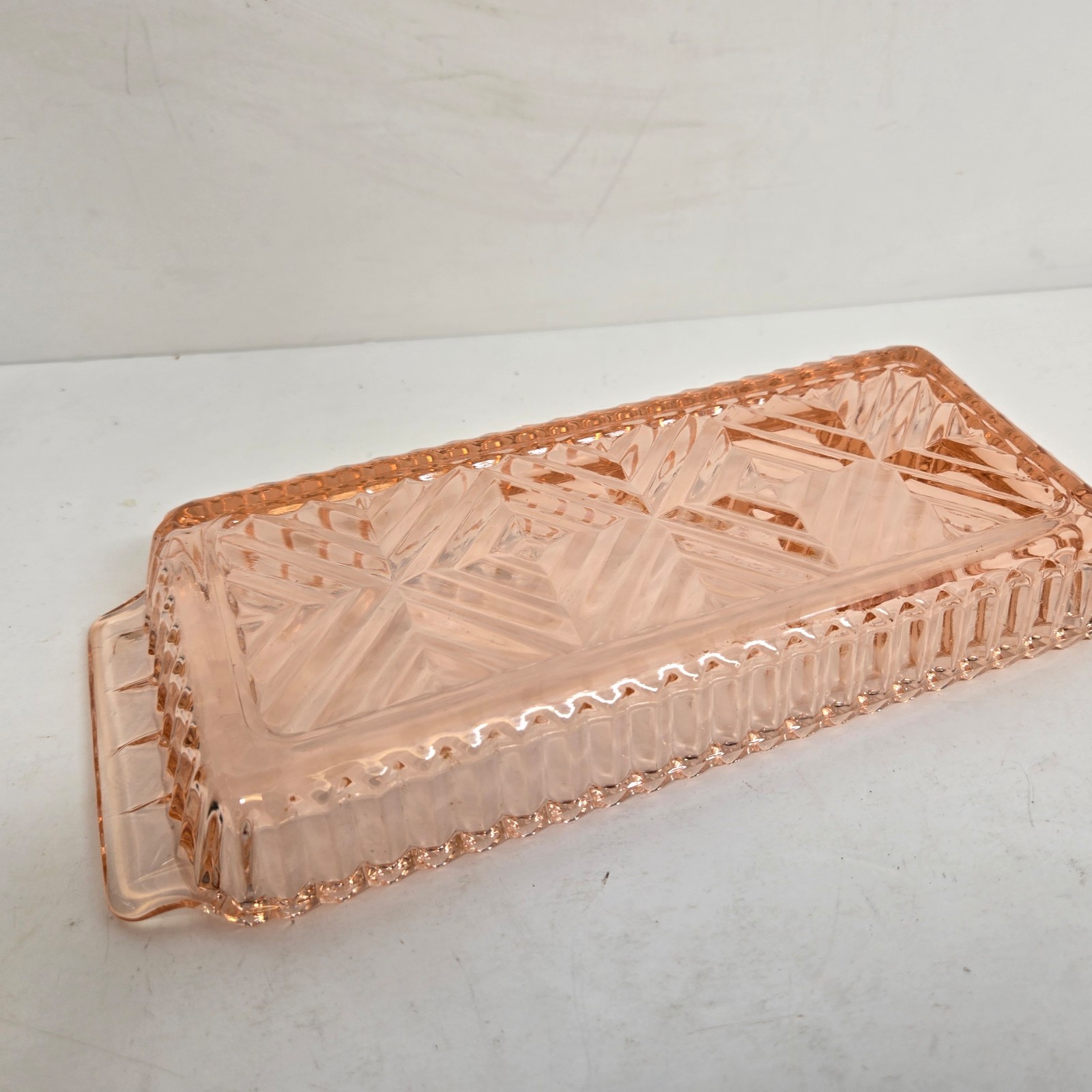 Indiana Glass Windsor Pink Condiment Dish Tray Plate Scalloped Diamond Design