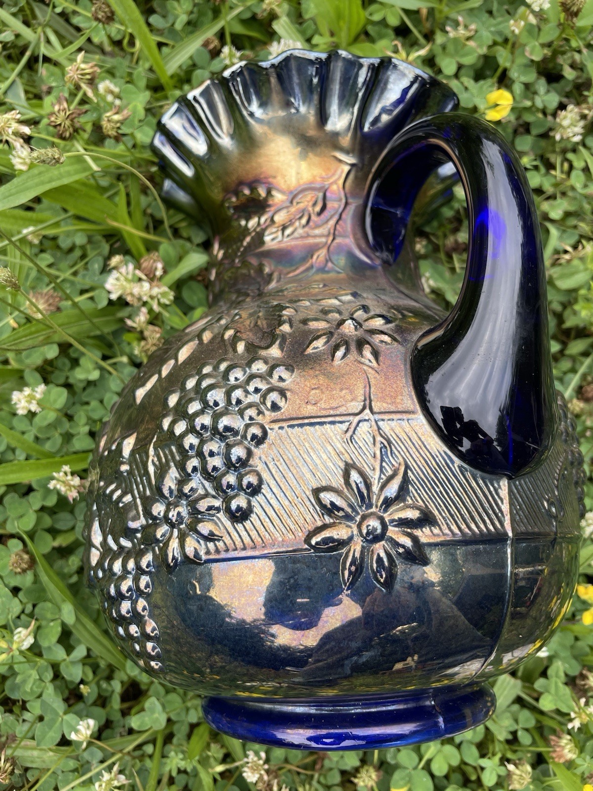 Rare 1910s Antique Iridescent Fenton “Flower & Grape” Carnival Glass Vessel USA