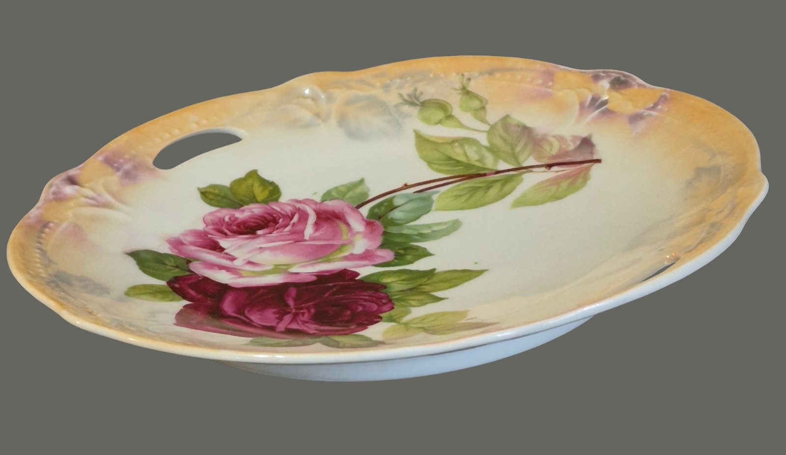 Vintage Romantic Roses Luster Edge Pierced Handles Serving Platter From Germany