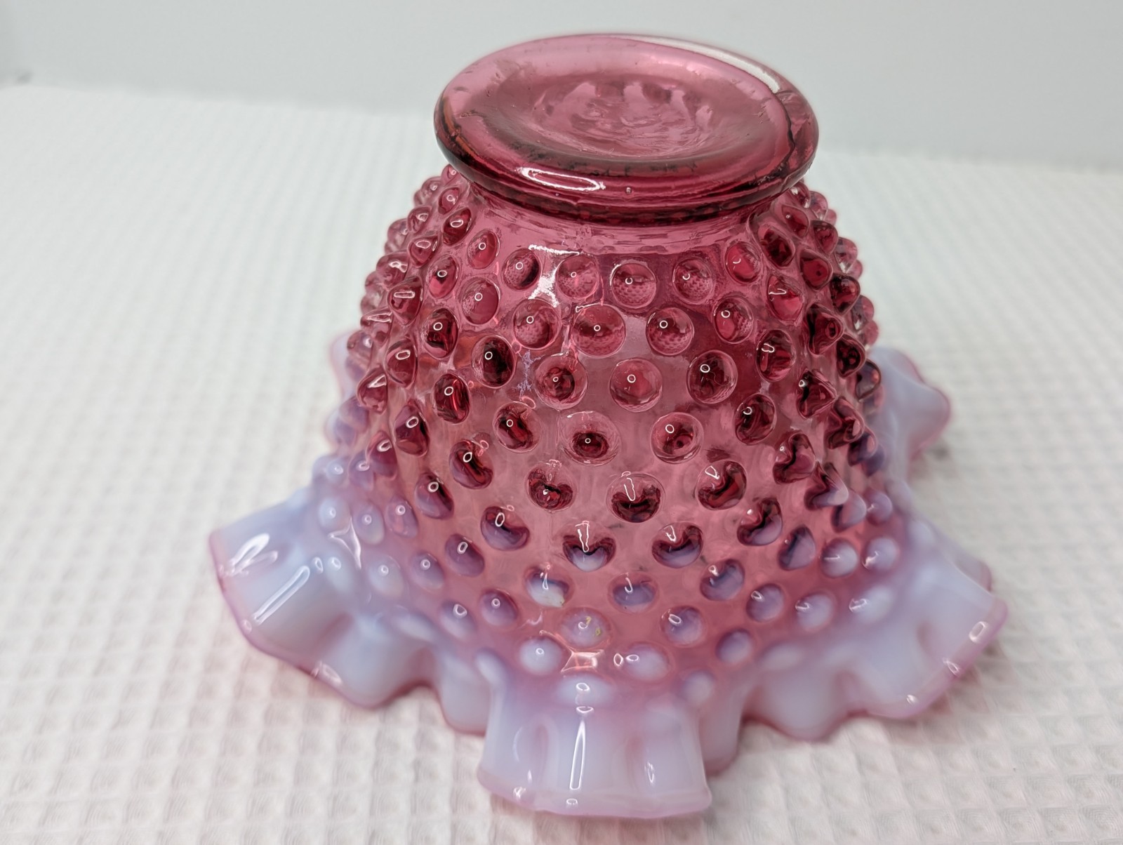 Fenton Cranberry Opalescent Candy Bowl Dish Hobnail Ruffled Vtg Snap Ring Marks