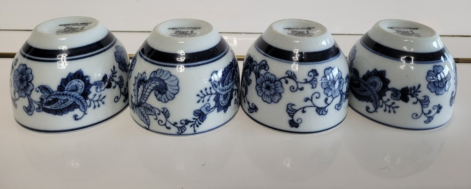 4 PIER 1 IMPORTS PORCELAIN TEA CUPS WHITE AND BLUE 2.25 INCHES HOLDS 6 OZS