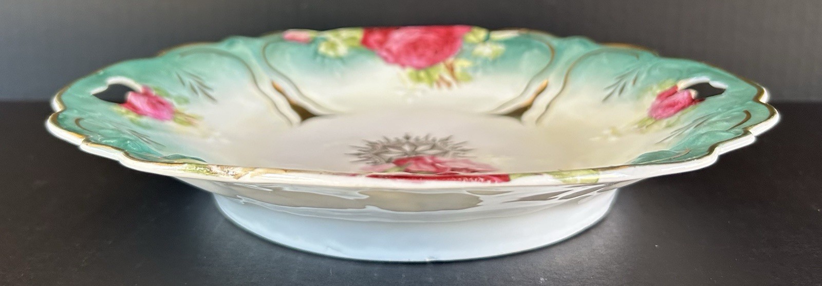 Antique PS Germany Porcelain Bowl 10 1/2″ Teal Blue With Pink Roses