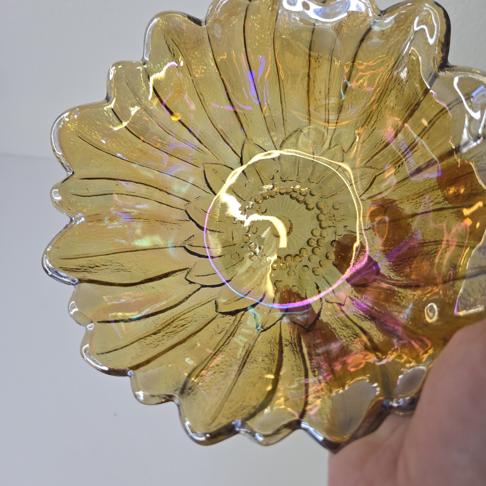 Vintage Indiana Iridescent Carnival Glass Marigold Sunflower Candy/Trinket Dish