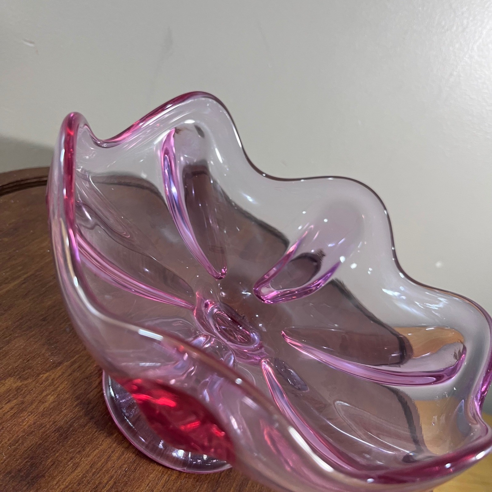 Vtg Viking Glass Epic Teaberry Pink 6 Petal Crimped Compote Candy Dish MCM 7″
