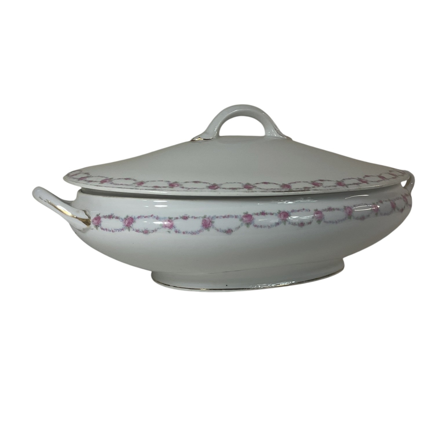 Antique Nippon Pink Rose Garland Covered Vegetable Serving Bowl Tureen 12”