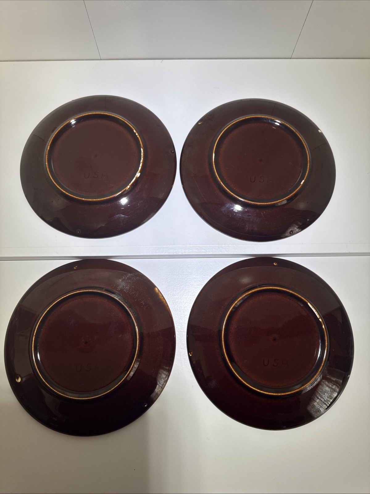 Vintage Brown Drip Glaze Ceramic Dessert Plates Marked USA 6 3/4” Set of 4