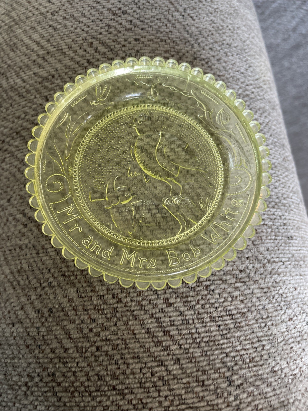 Vintage Pairpoint Glass Vaseline Uranium Glass Cup Plate Mr. & Mrs. Bob White