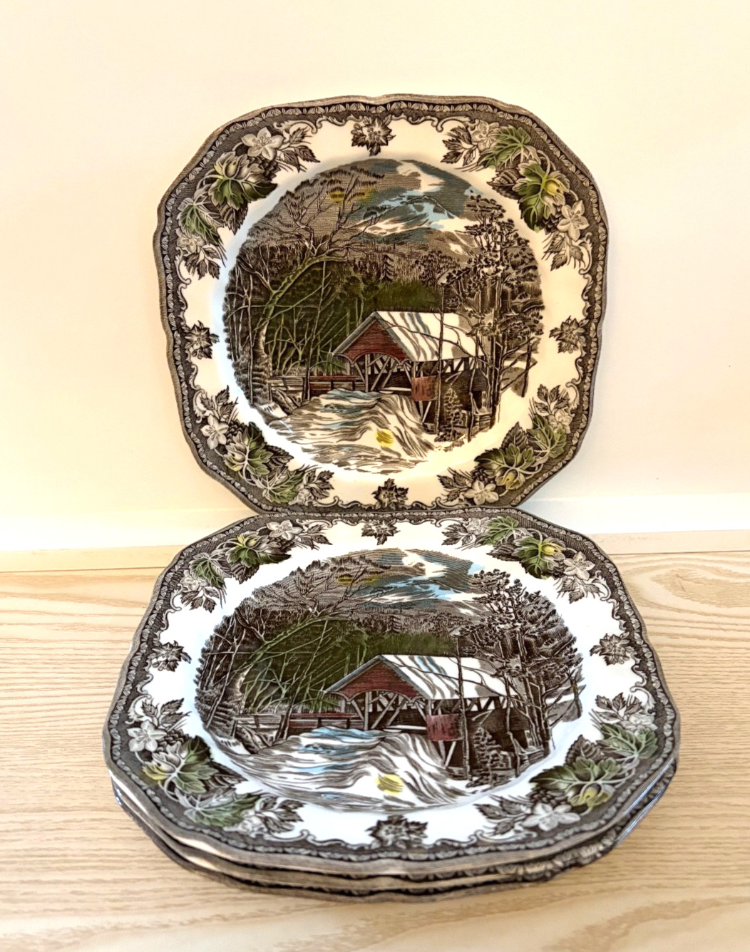 2 Johnson Brothers ,Friendly Village, Covered Bridge, Square Salad Plates-7.1/2″