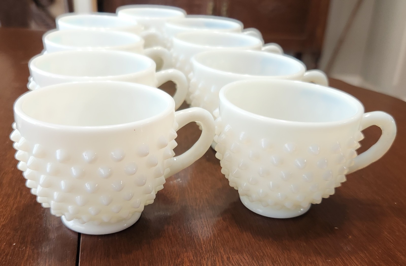 Vintage Fenton Hobnail Milk Glass Punch Bowl Set 9 Cups~