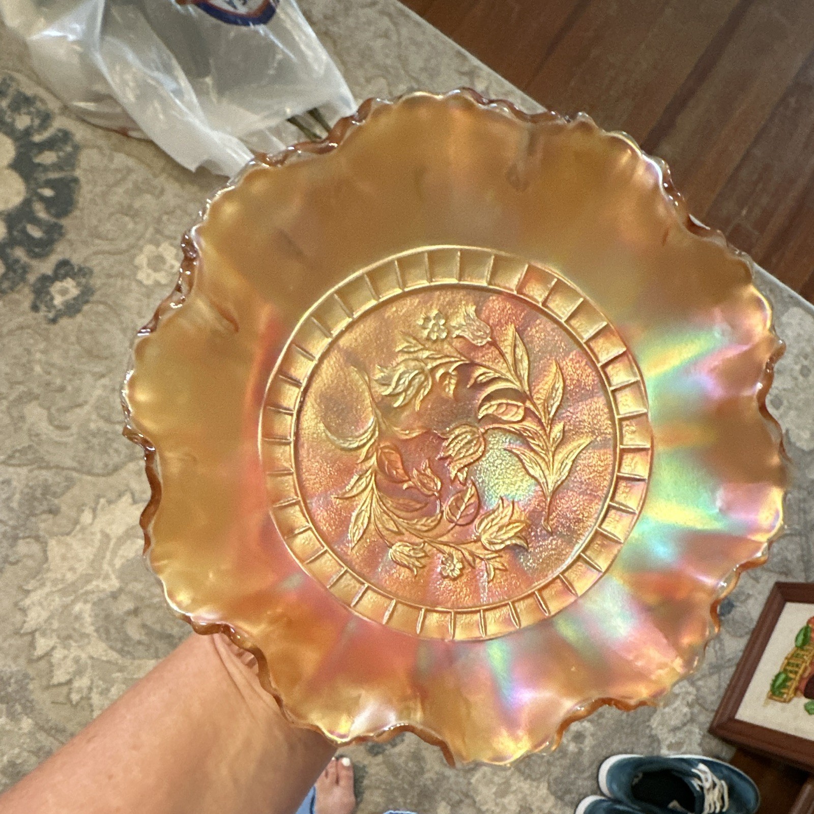Marigold Iridescent Carnival Glass Ruffled Edge Floral Round Decorative Plate