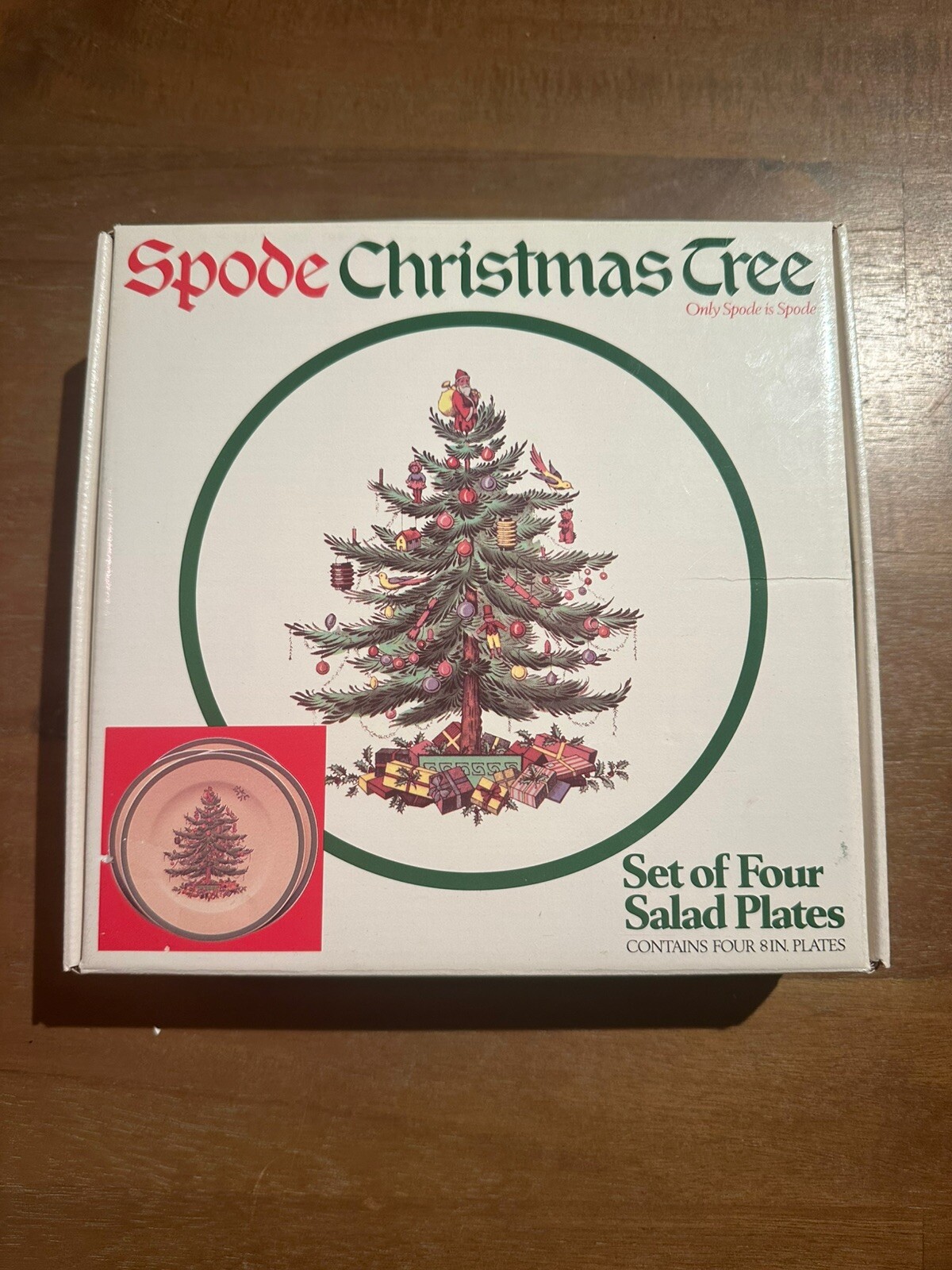 NEW Set 4 SPODE Christmas Tree Salad 8″ Plates Green Trim #3324 Dessert w/box