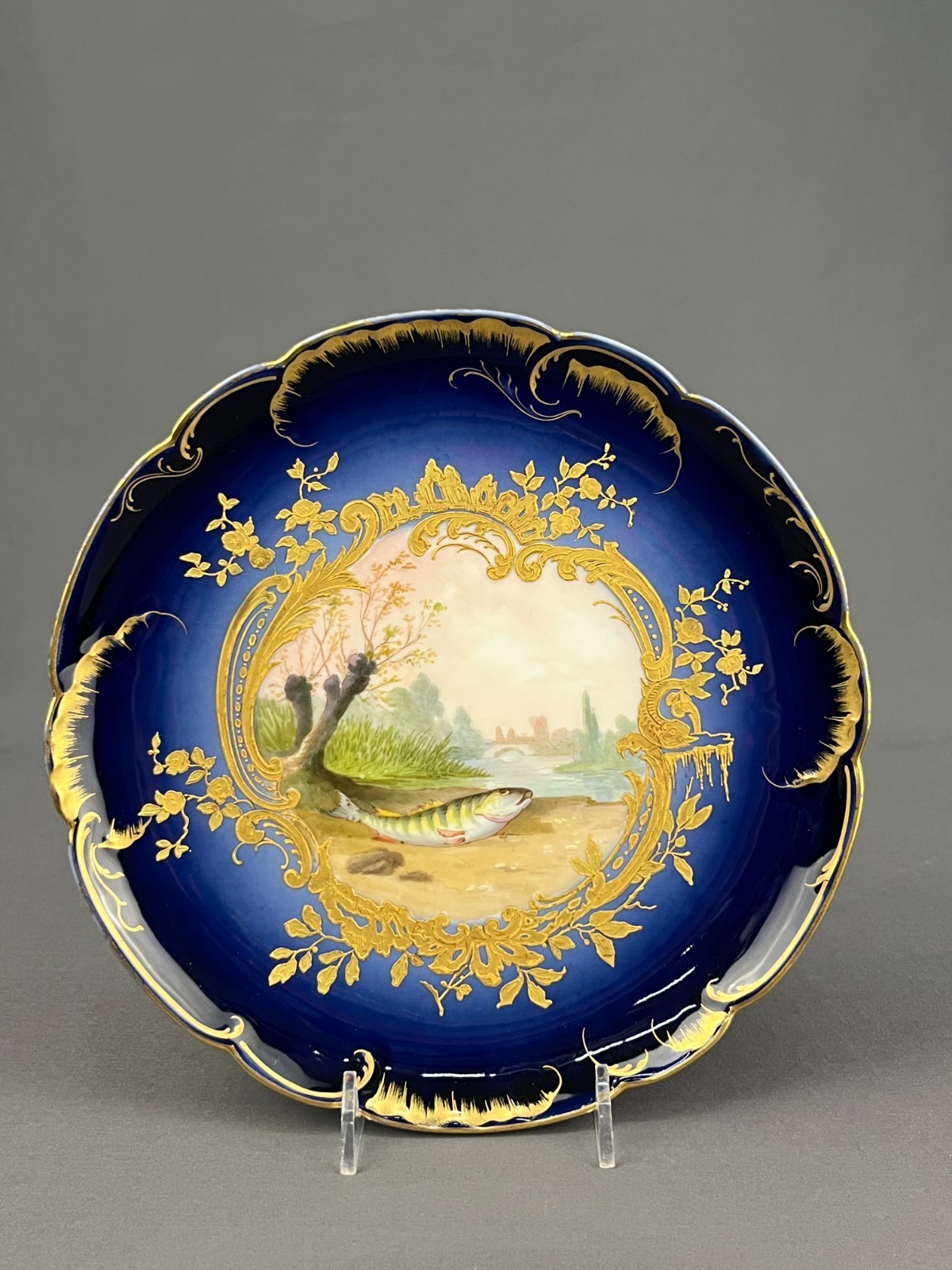 5 Haviland & Co. Hand-Painted 8 ½” Bleu de Four Gilt Fish Plates c. 1876-1899