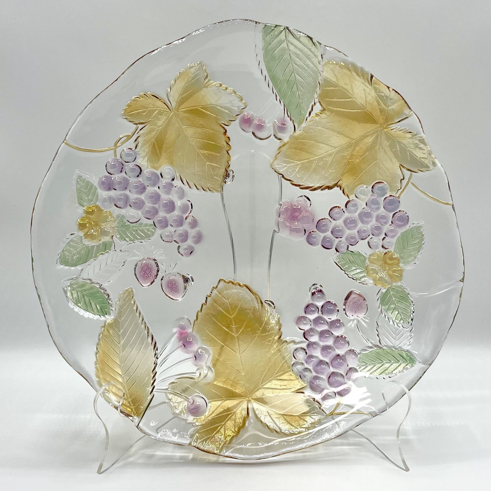 Chablis by Mikasa Decorative Glass Platter Plate Amber Leaves Purple Grapevine