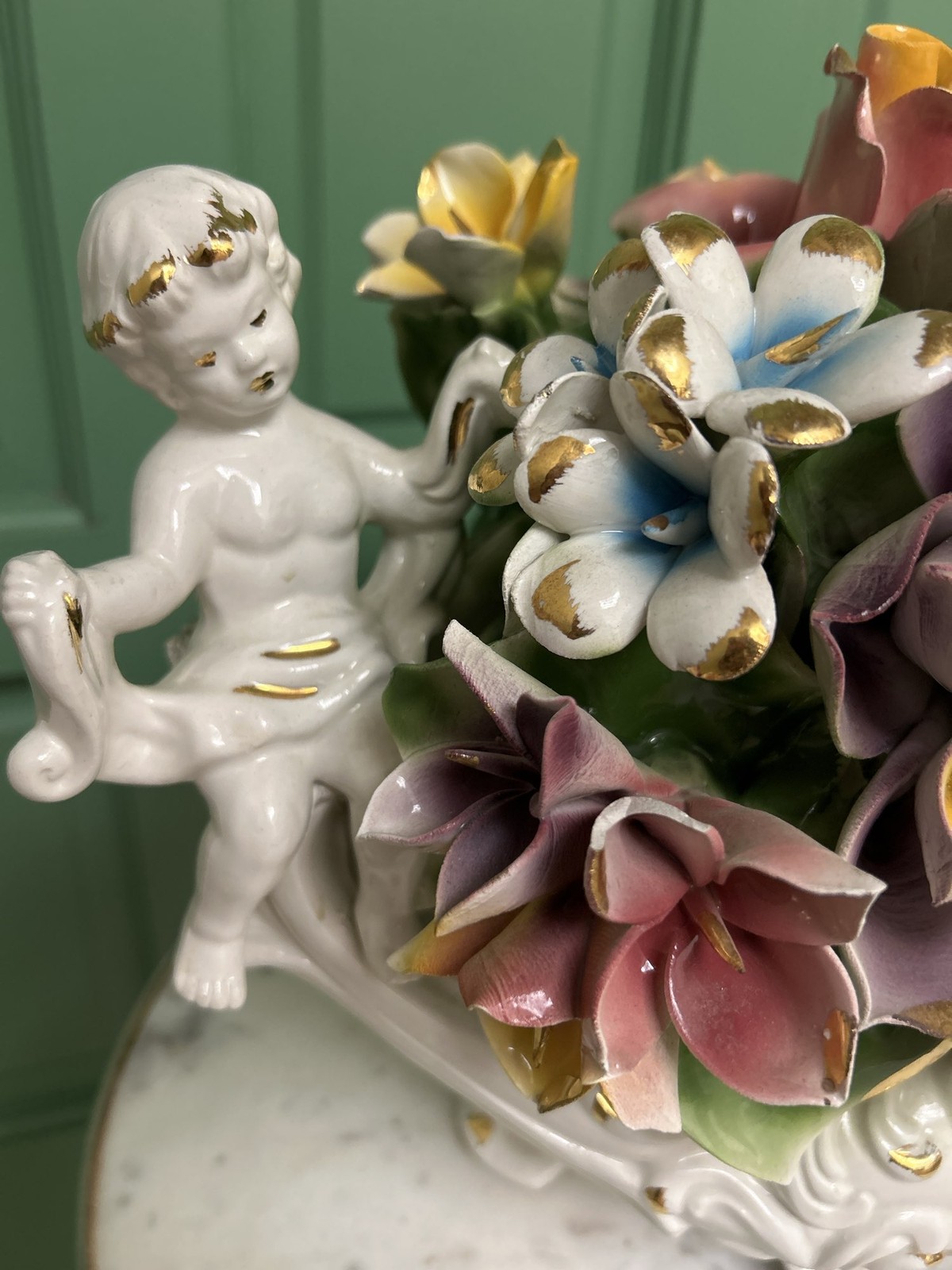 Vintage Capodimonte Porcelain Floral Cherub Centerpiece Italy Hand Painted