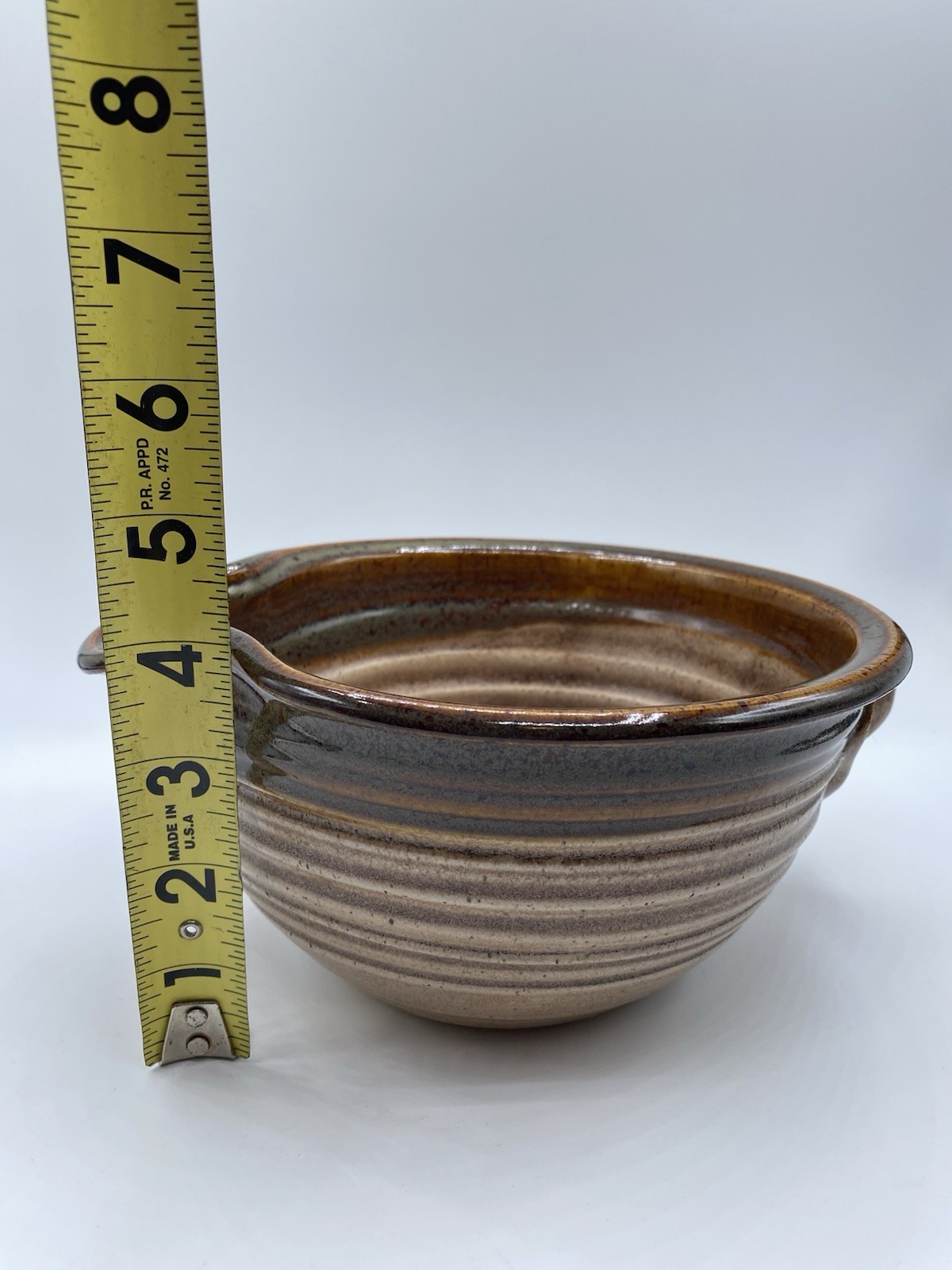 Studio Art Pottery Beige Brown Drip Glaze Ribbed Bowl w/Handle and Spout