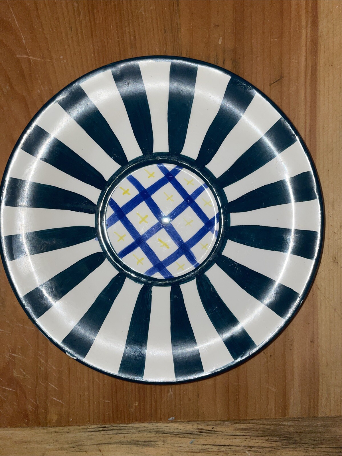 CBK Ltd LLC 1997 Striped Plate Green White Blue Yellow Geometric Hand Painted Sm