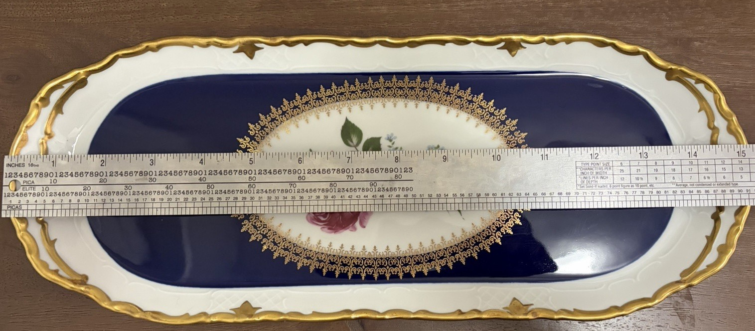 Reichenbach Echt Kobalt 16″ Cobalt Blue Floral Oval Serving Platter Gold Trim