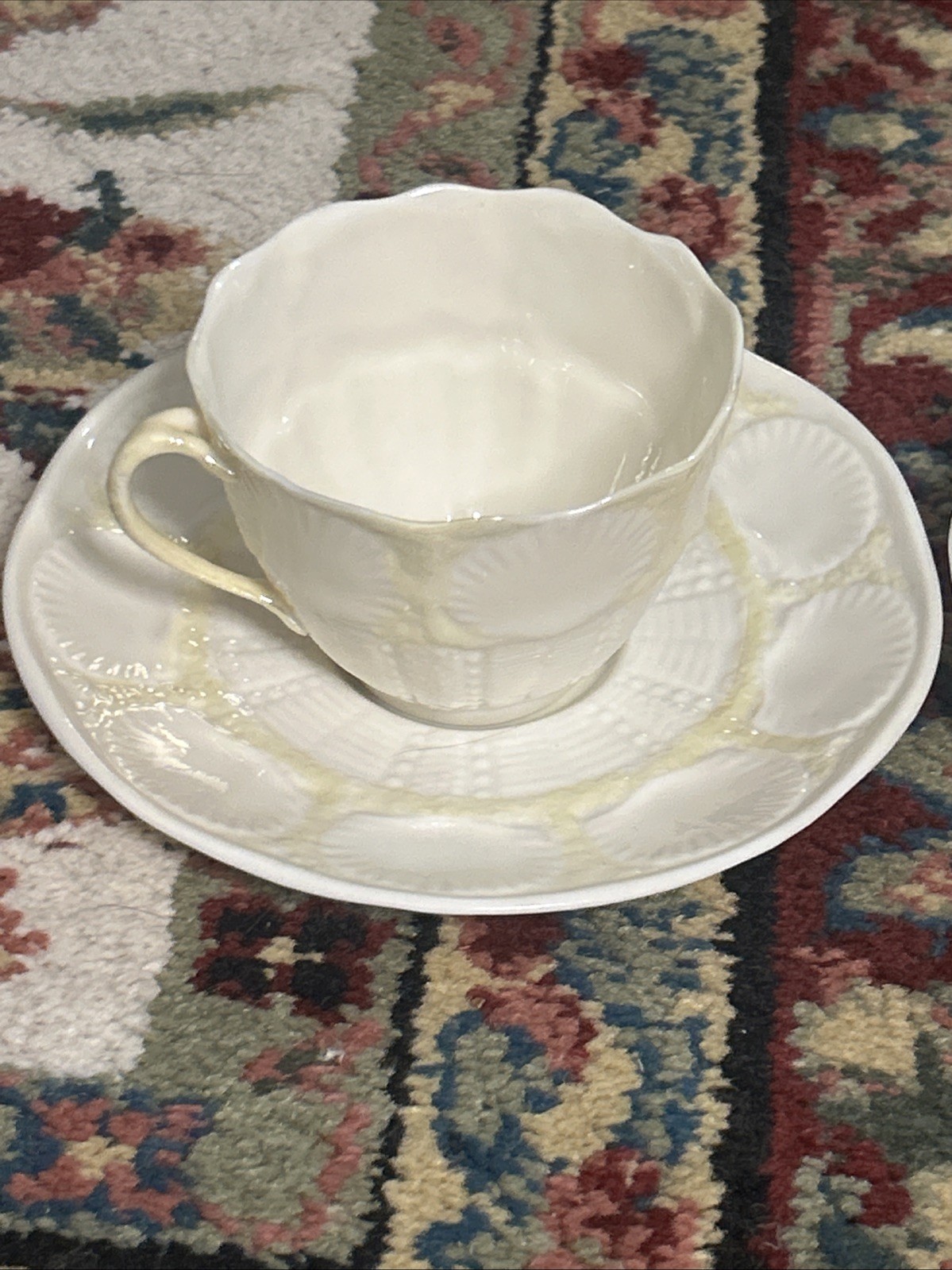 Belleek ~ Ireland ~ “Shell” Pattern Yellow Lustre Cup & Saucer ~ 6th Mark ~ Mint