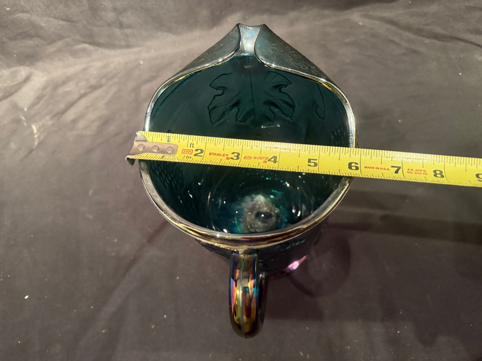 Harvest Grape & Leaf Indiana Art Glass Carnival Iridescent Blue Water Pitcher