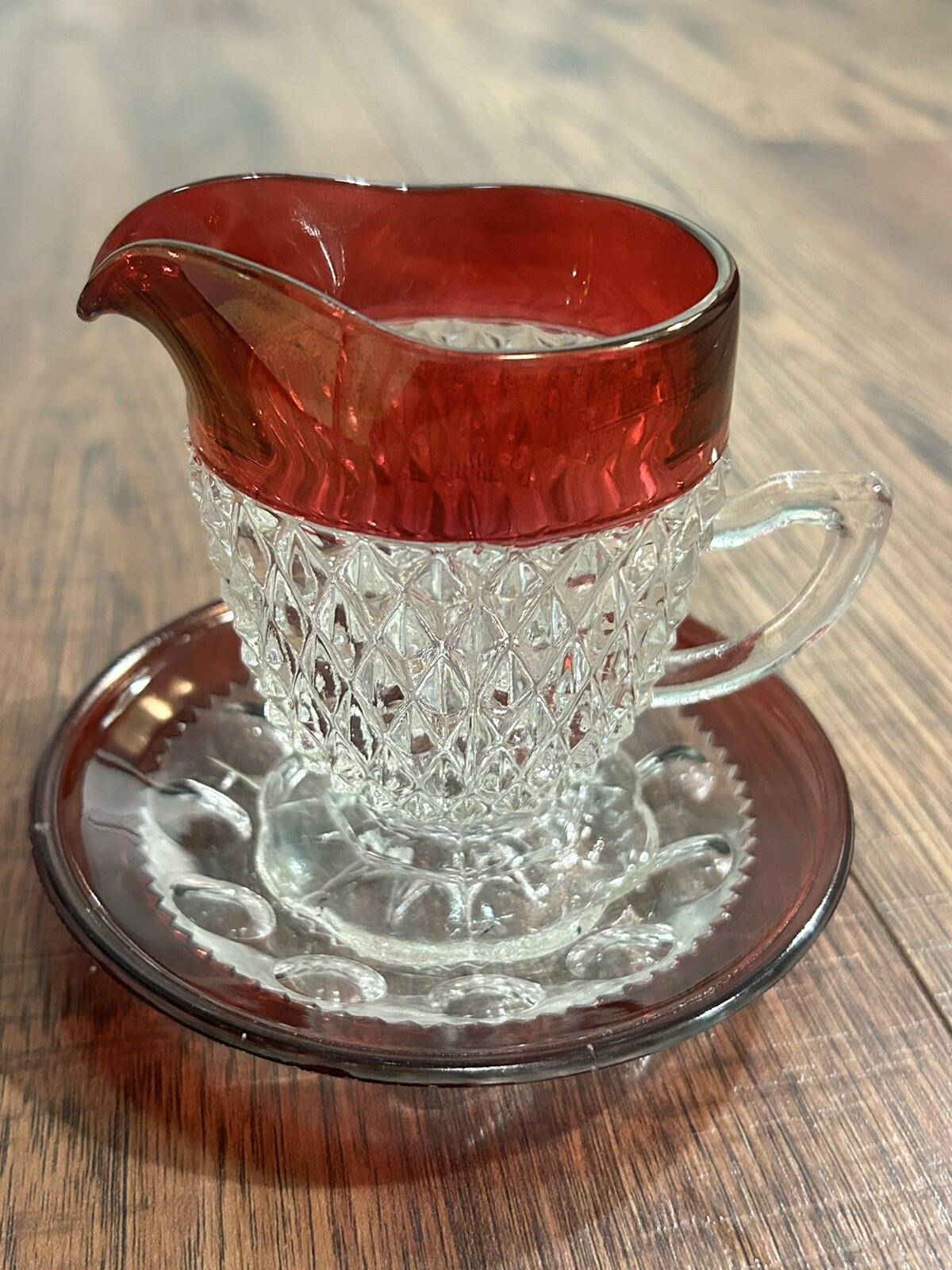 Vintage Indiana Glass Ruby Cut To Clear Creamer And Saucer Set Diamond Point