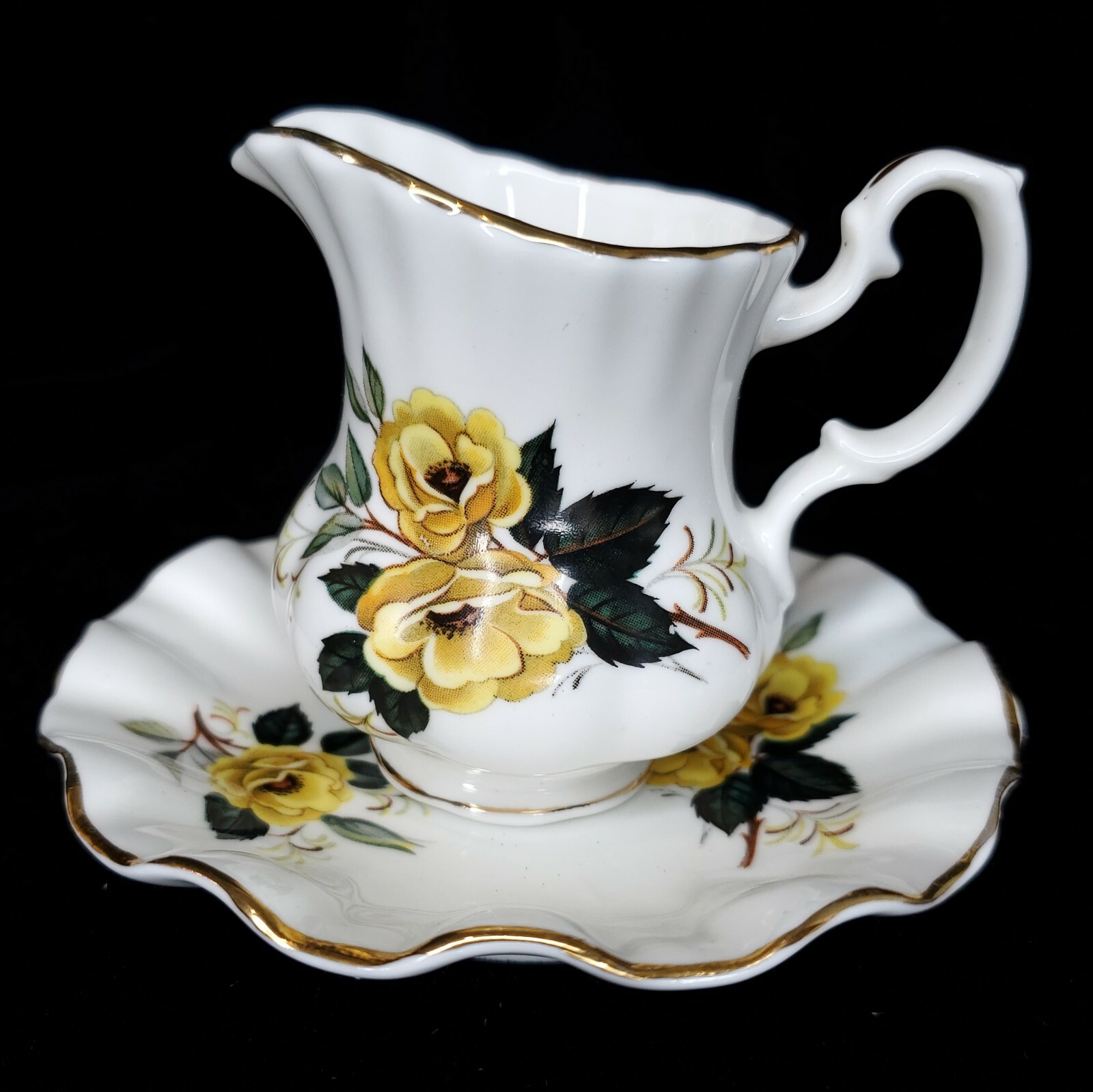Royal Dover Creamer Pitcher Bone China Saucer Yellow Rose Gold Trim England