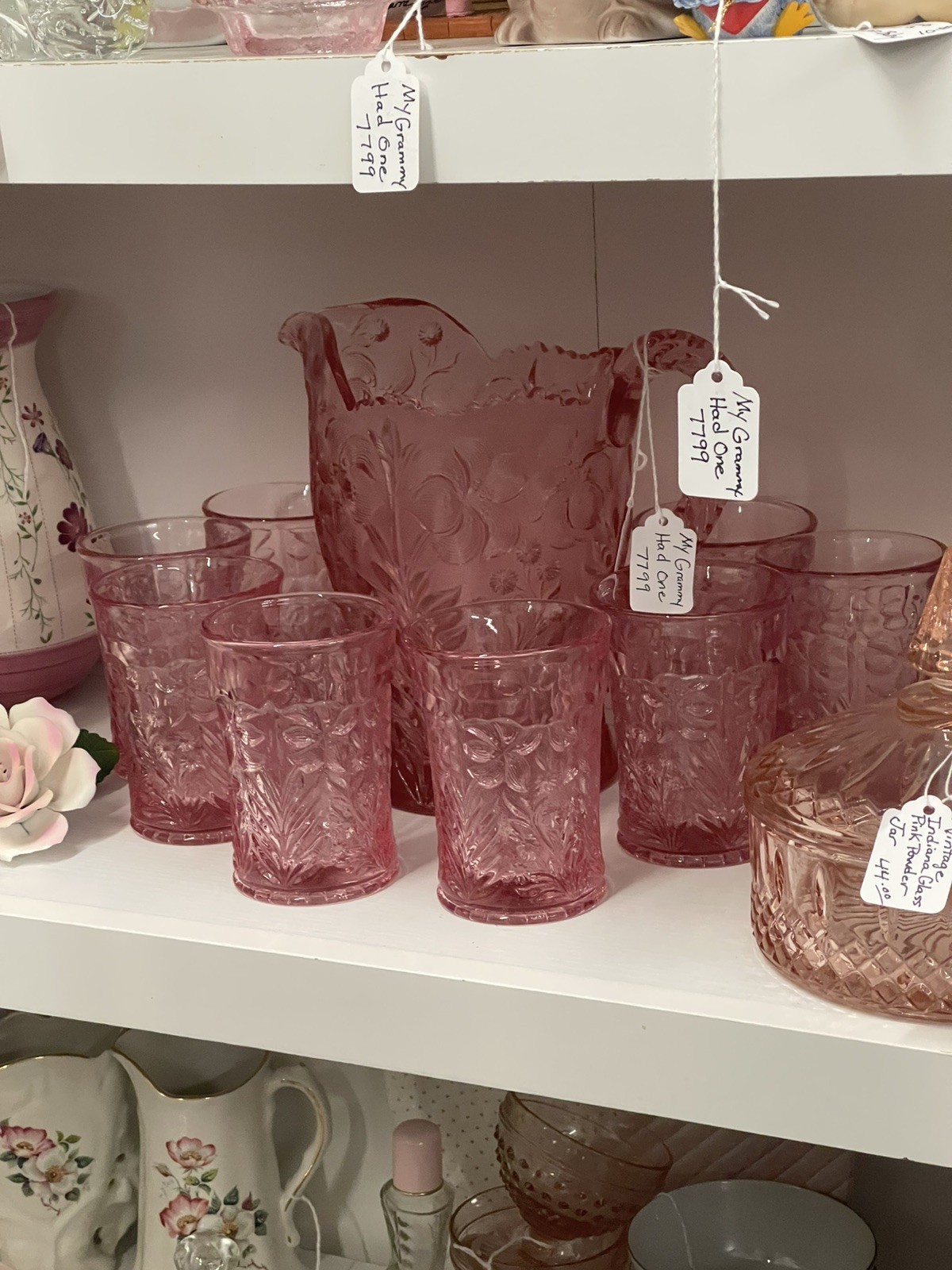 NEW! L E Smith Dogwood Pink Pitcher & Eight 4.25” Tumblers 8 oz w Original Boxes