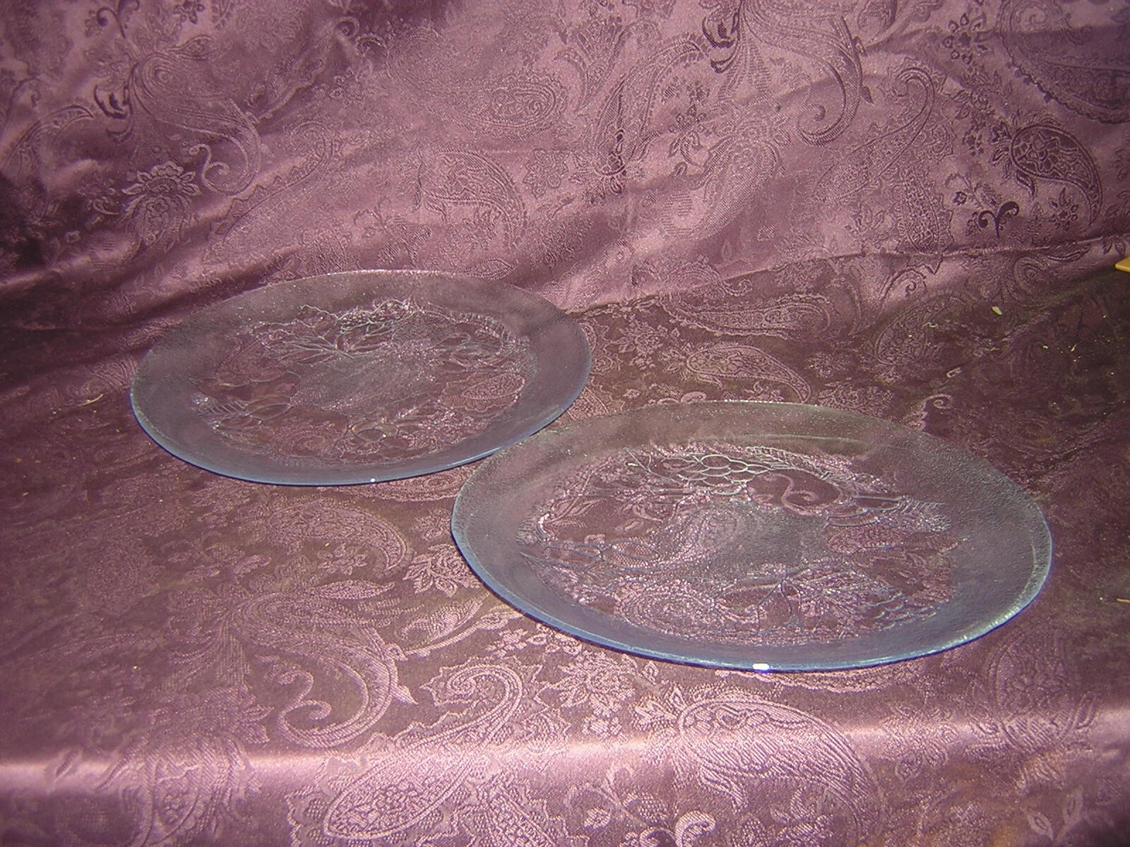 set of 2 pressed glass plates with fruit and leaves, 10 1/2″