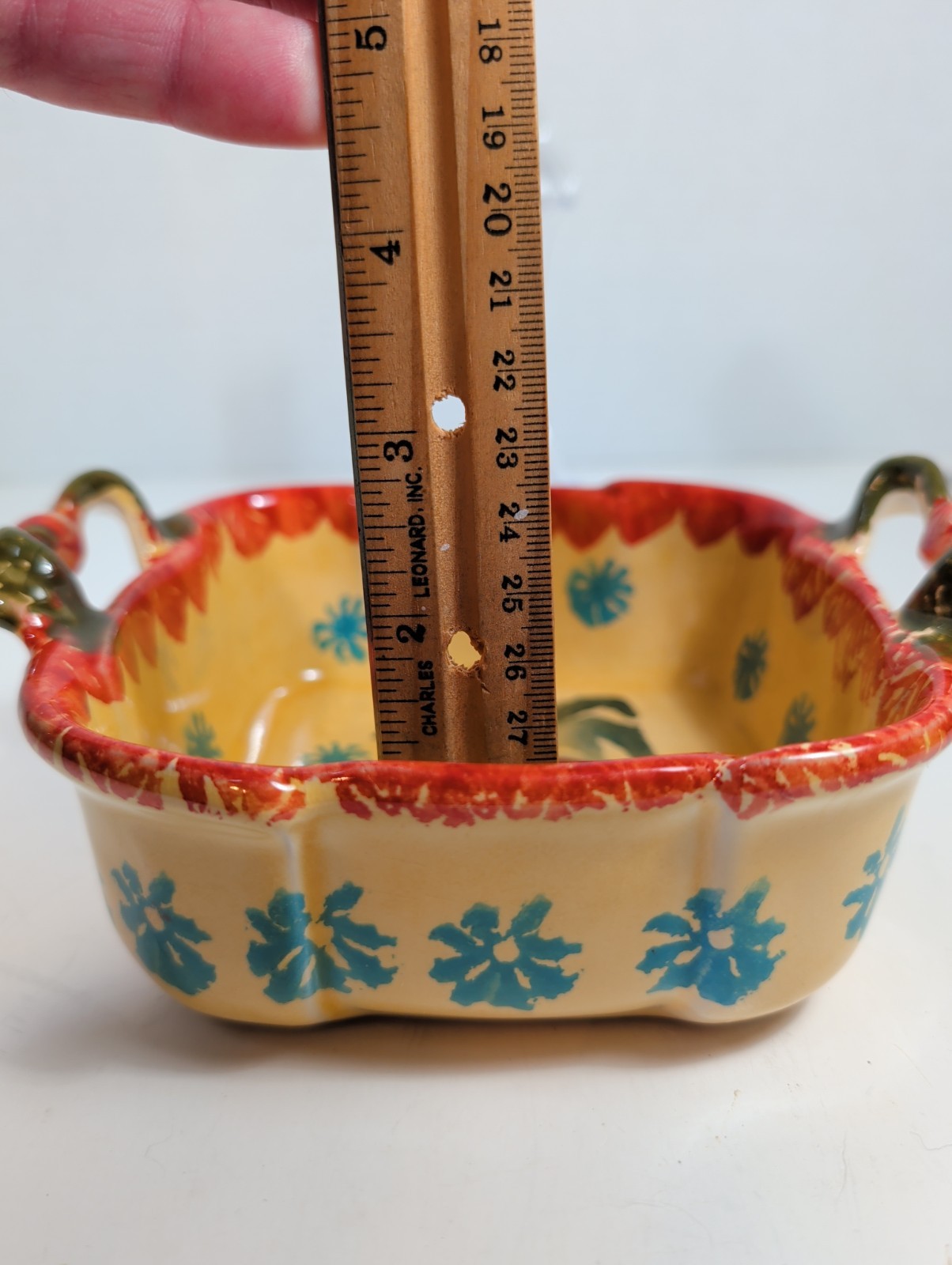 Italian Hand-Painted Vegetable Motif Two-Handled Ceramic Bowl Appx 5 In+7in Oven