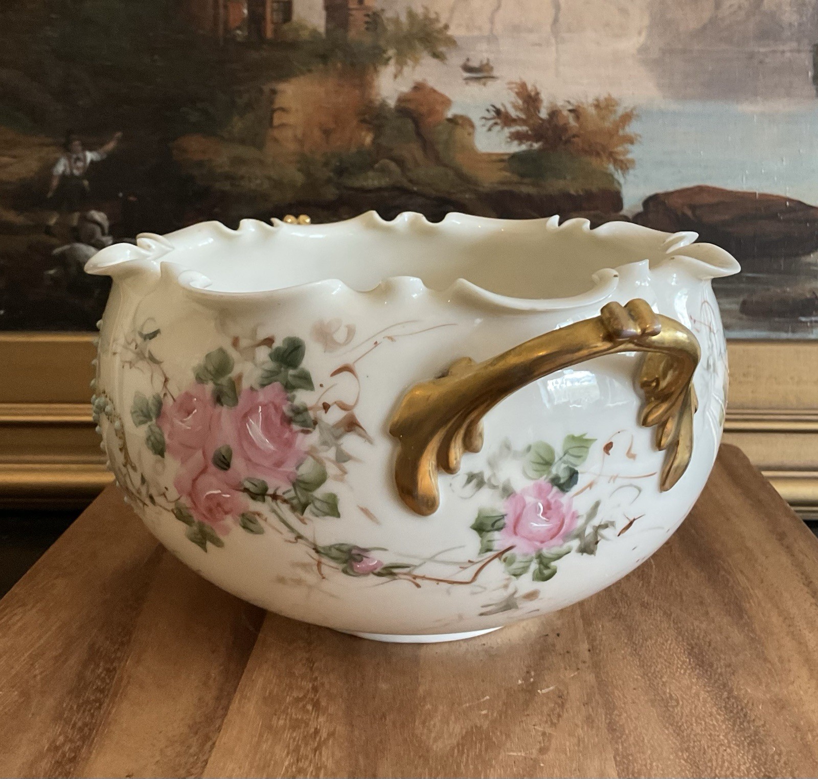 WILLETS BELLEEK Hand Painted Roses HANDLED BOWL Ruffle Rim Antique Late 19th CE