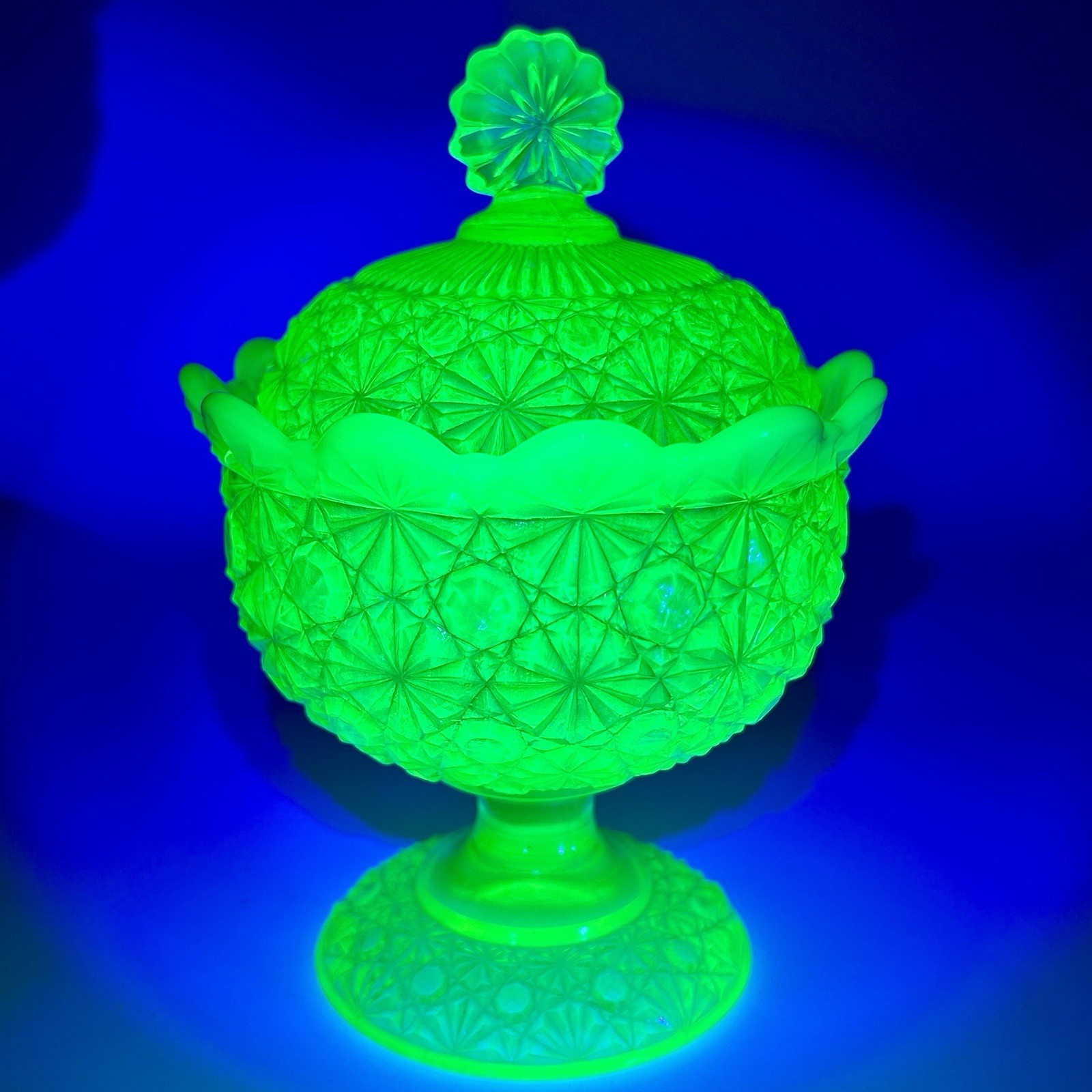 L.G. Wright Fenton Daisy Button Yellow Vaseline Uranium Opalescent Compote VTG