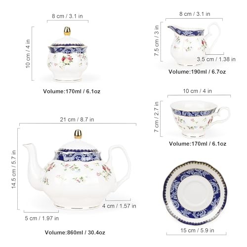 Bone China Tea Sets for Adults, 21-Piece Blue Lace and Roses Blue and Roses