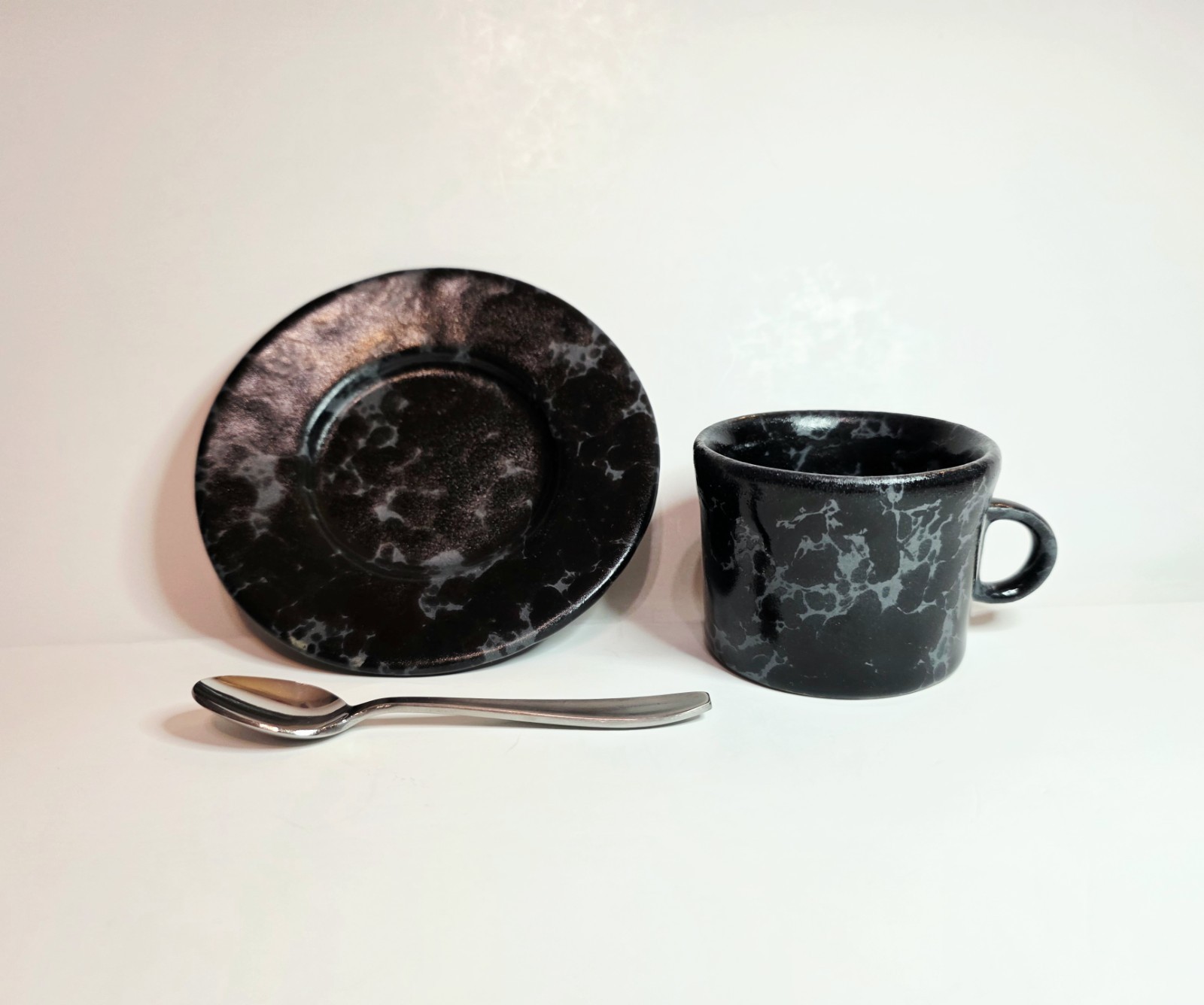 Rare Vintage Bennington Potters Black Agate Espresso Cup Saucer Set #1675 #1676