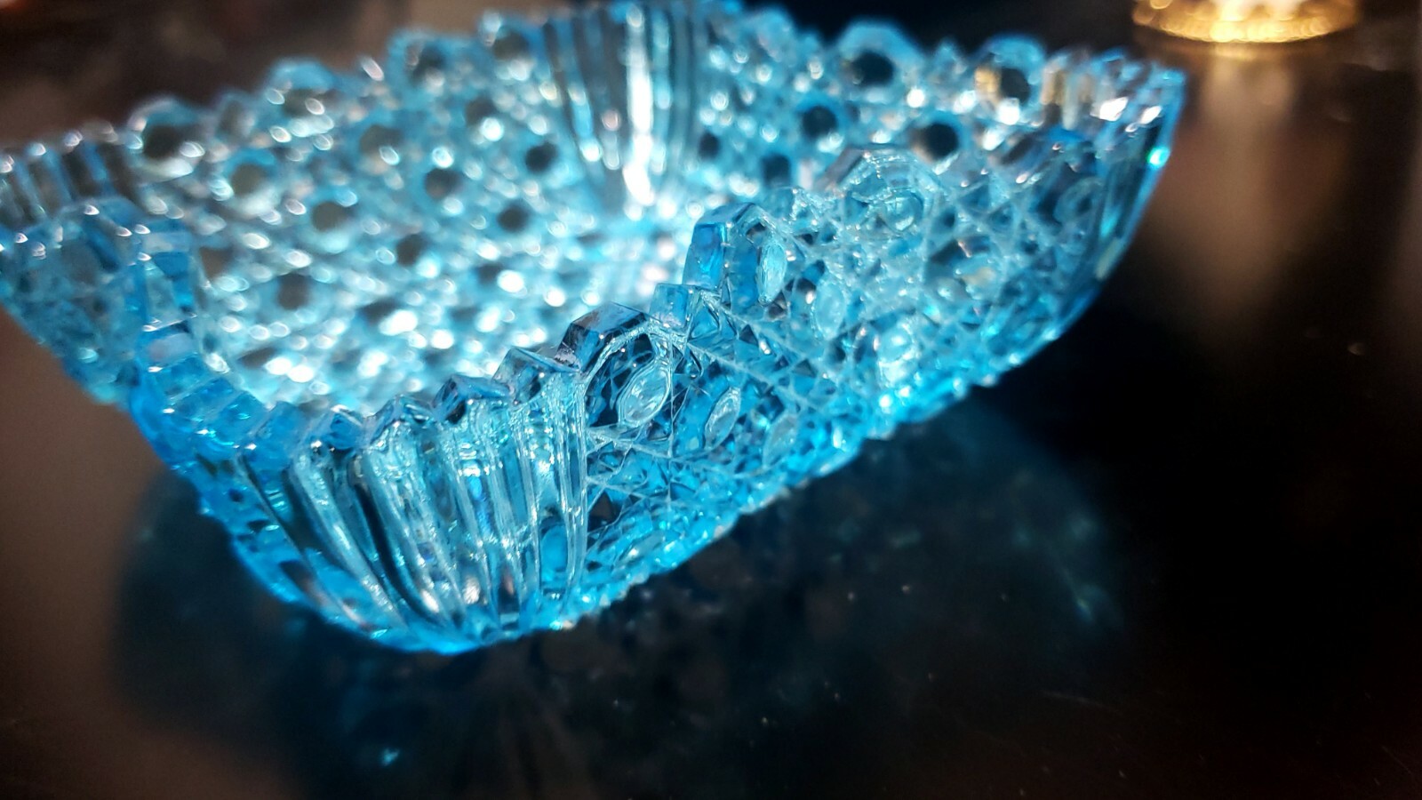 Antique EAPG Pinched Sides Banded Button Blue Fan Corners Glass Bowl