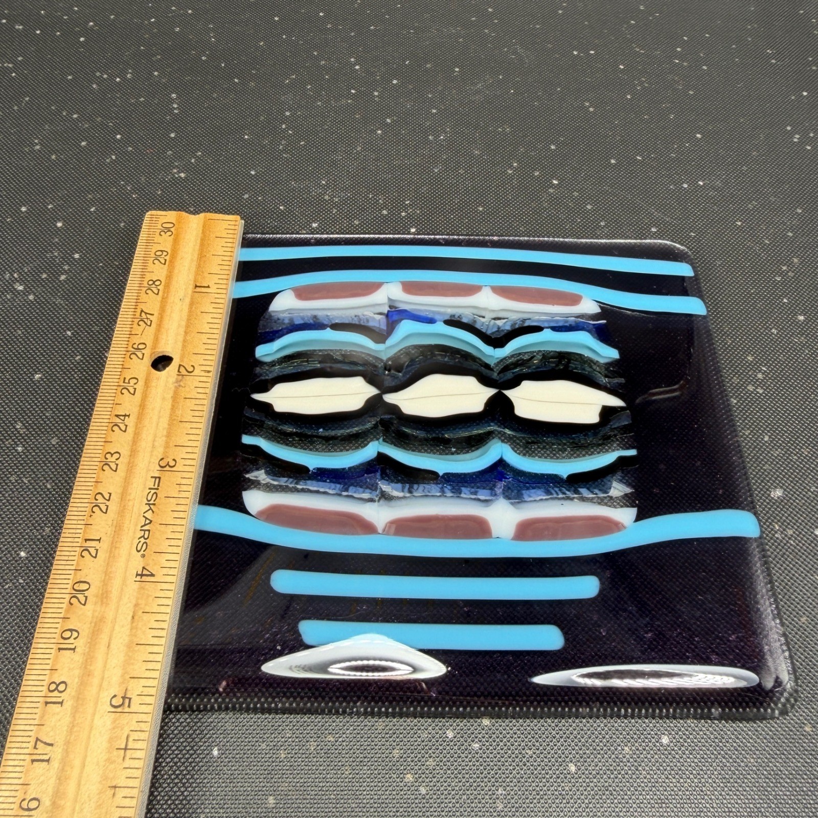 Handmade Fused Glass Art Plate Abstract Geometric Purple Turquoise 6×5 Inch