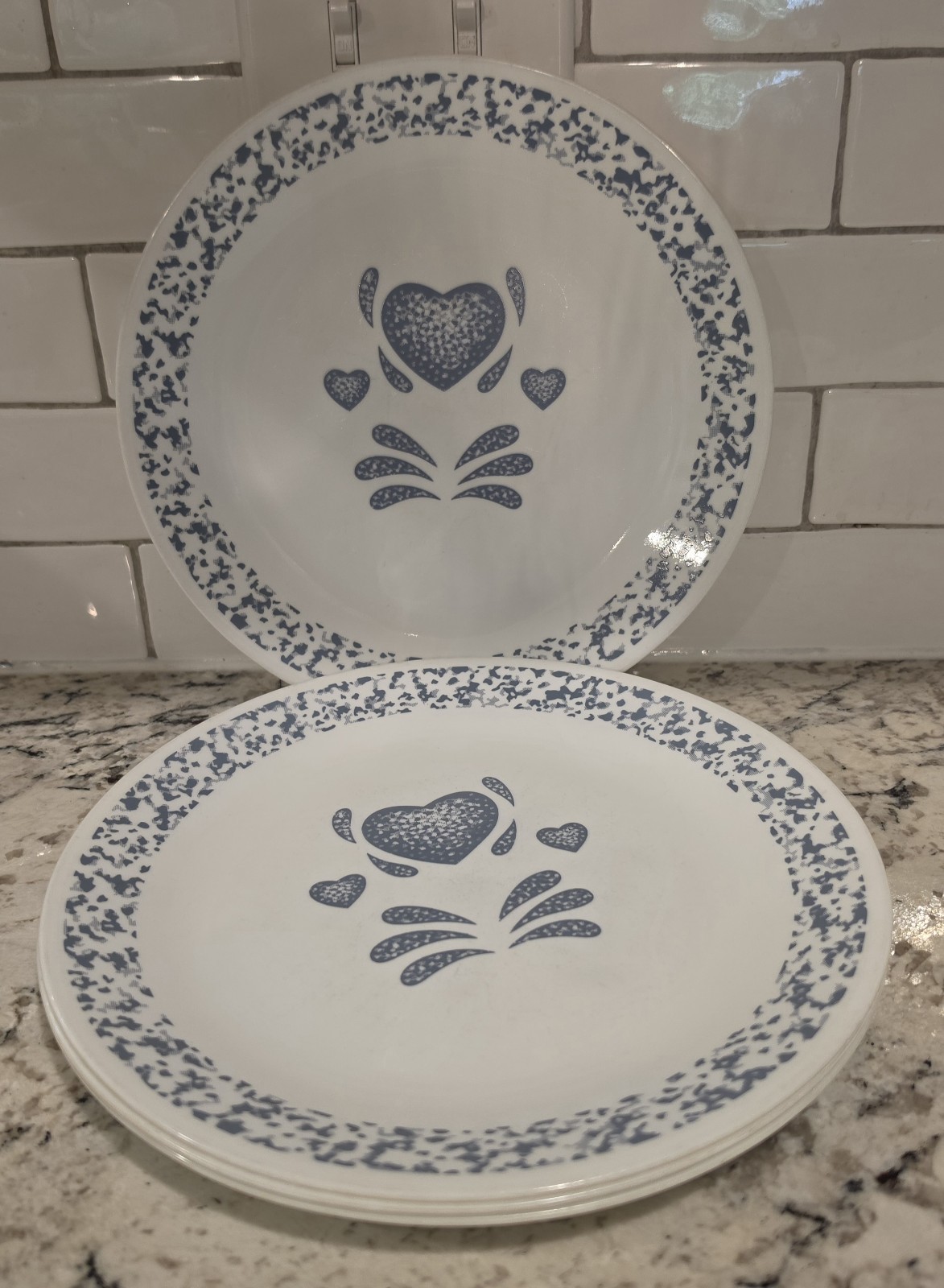 Vintage Corelle By Corning Blue Hearts 10.25 Dinner Plates Set of 4 USA EUC