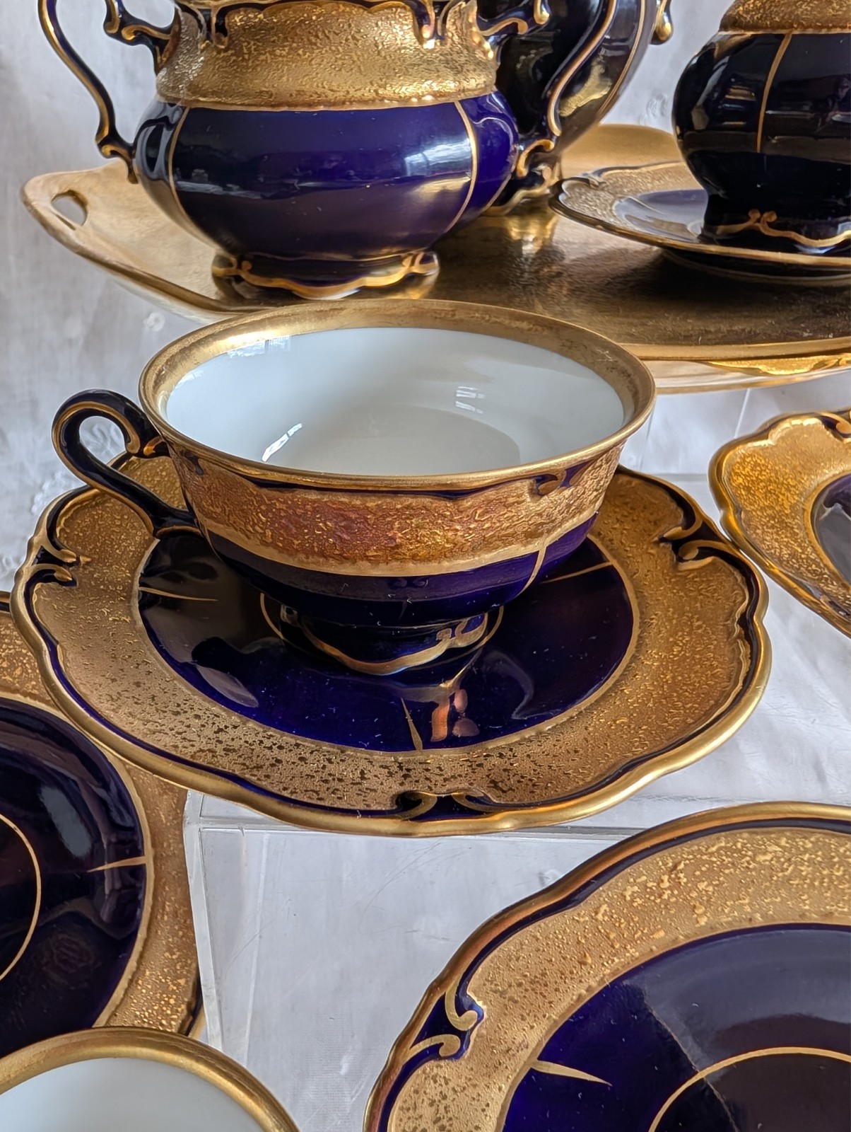 VINTAGE GRAF VON HENNEBERG PORZELLAN ILMENAU GERMANY ECHT KOBALT COFFEE SET 15pc