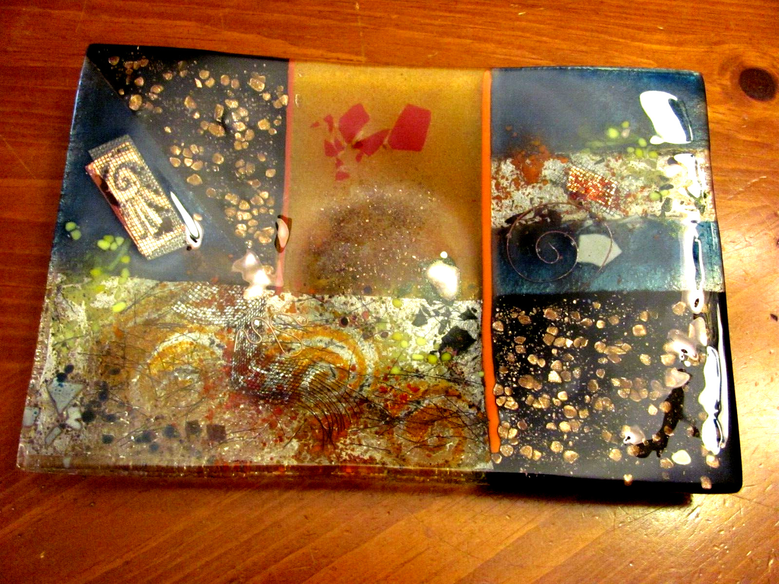 STUNNING FUSED DICHROTIC ART GLASS ABSTRACT RECTANGULAR SERVING TRAY DISH 12″X8″