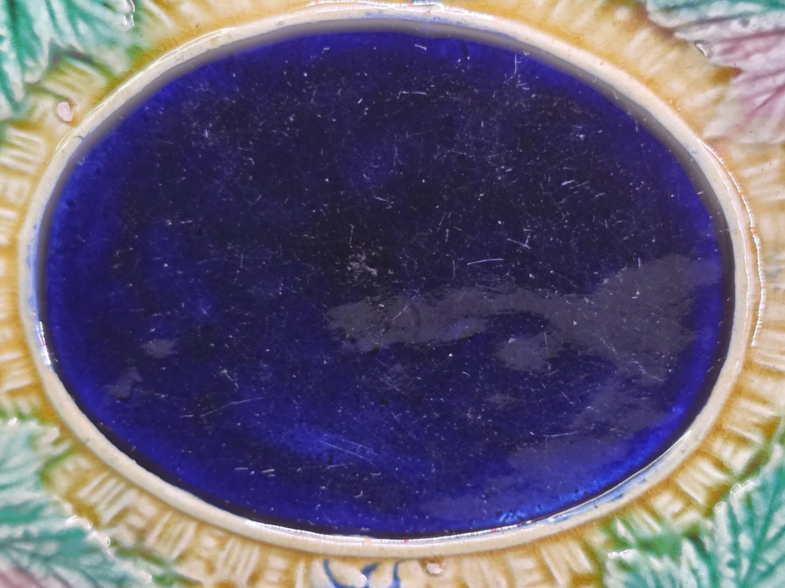 Antique Oval Majolica Basket Weave Footed Platter Floral Bread Bowl Cobalt 12¾”