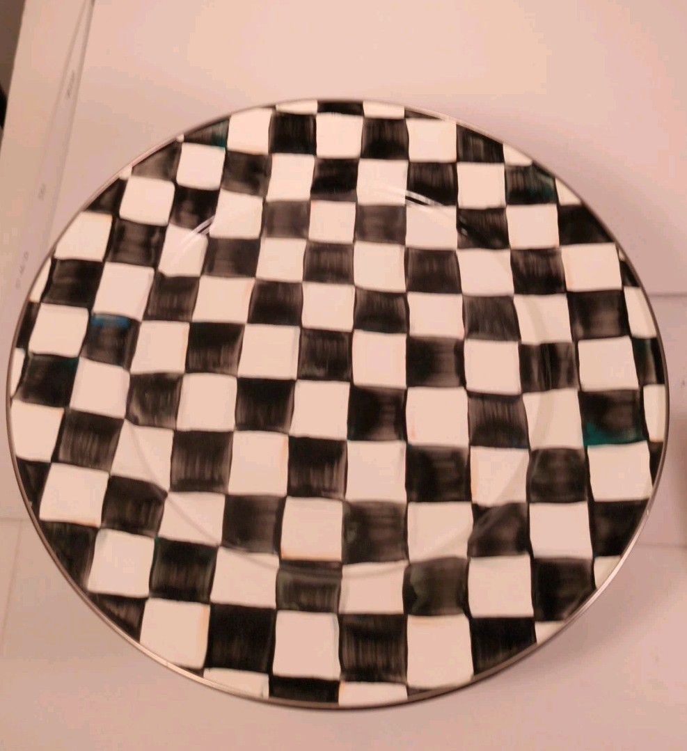 MacKenzie-Childs Courtly Check Large 16″ Round Pedestal Platter Great Condition