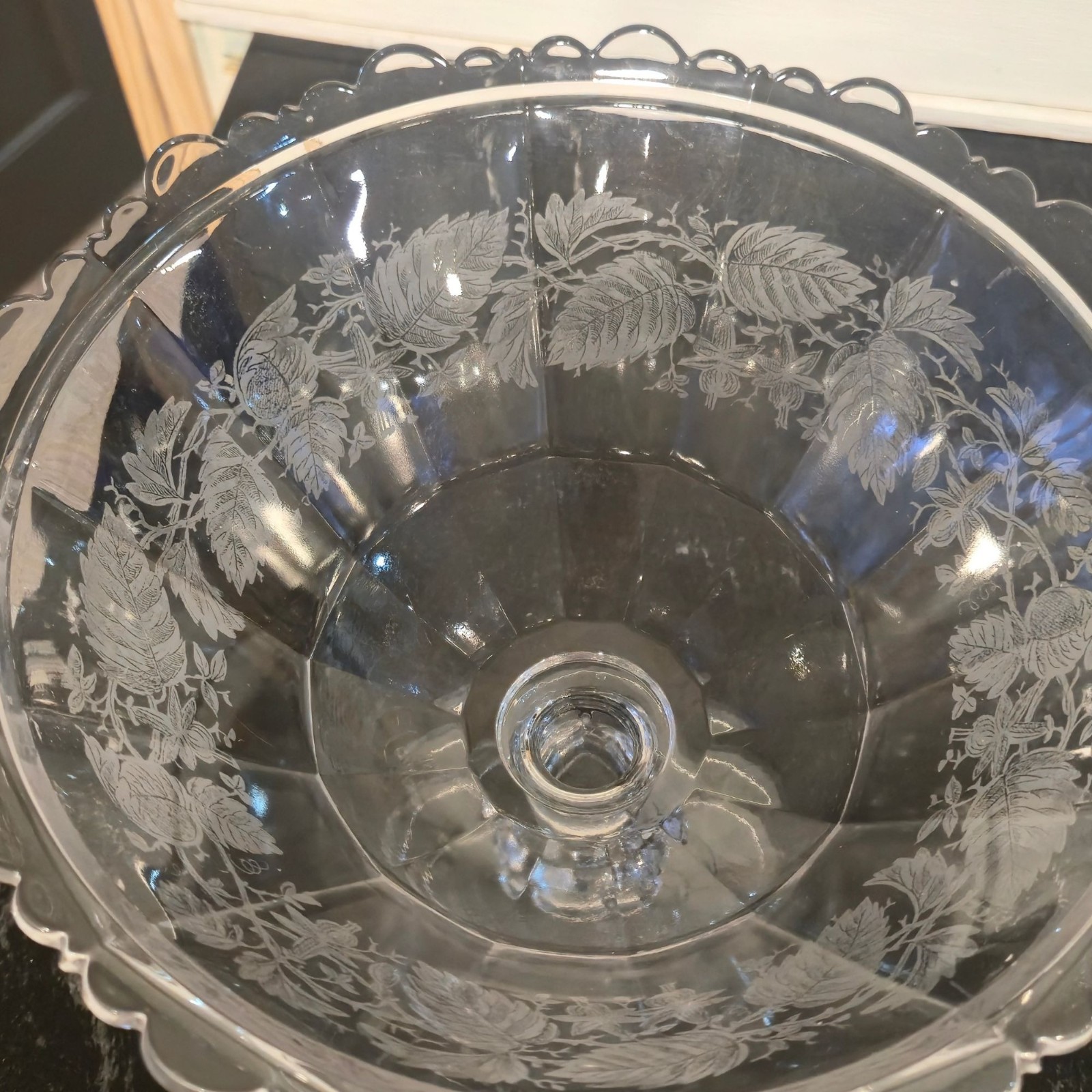 Antique Etched Glass Pedestal Compote Scalloped Rim Elegant Glass Bowl leaves