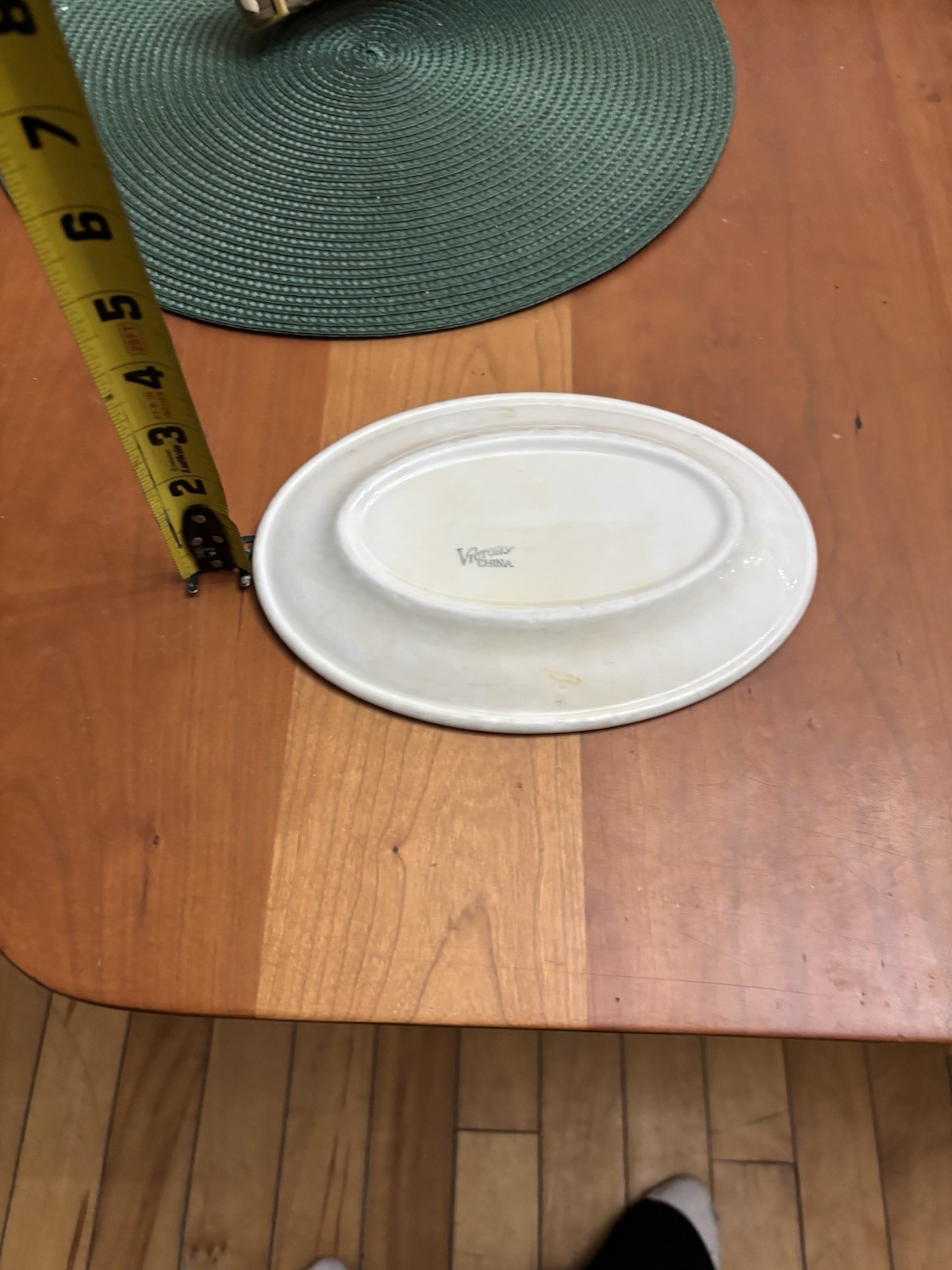 Victory China Oval Ceramic Platter White with Green Trim 8in Printed Backstamp