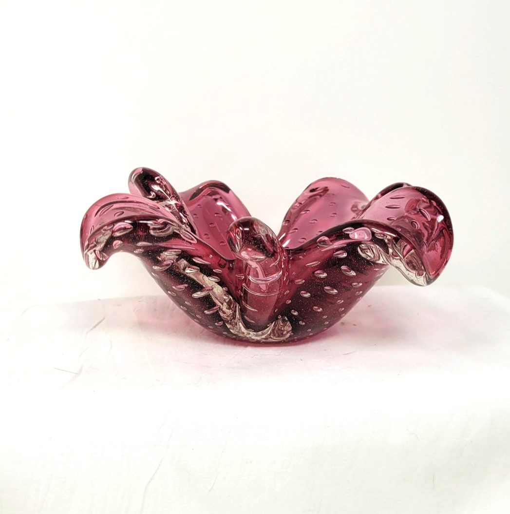 Vintage Mirano Bubble Dish 7″ Dark Pink Hand Blown Bulli Cante circa 1960 1970