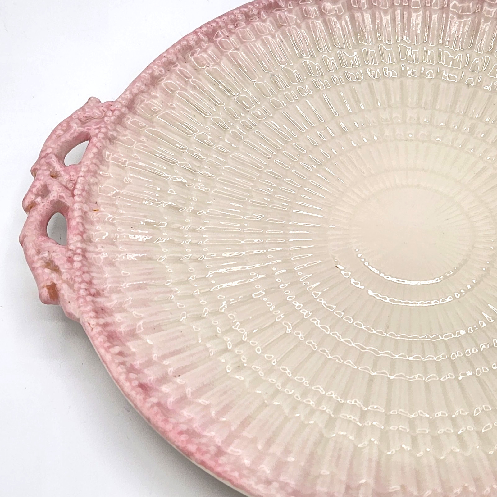 Rare Belleek Pink Limpet 10.75″ Handled Cake Platter Serving Plate3rd Black Mark