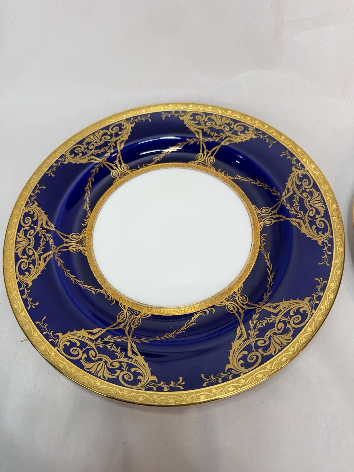 Antique Minton Porcelain 2 Dinner Plates w Raised Cobalt Blue Gold Rim 10 1/8 in