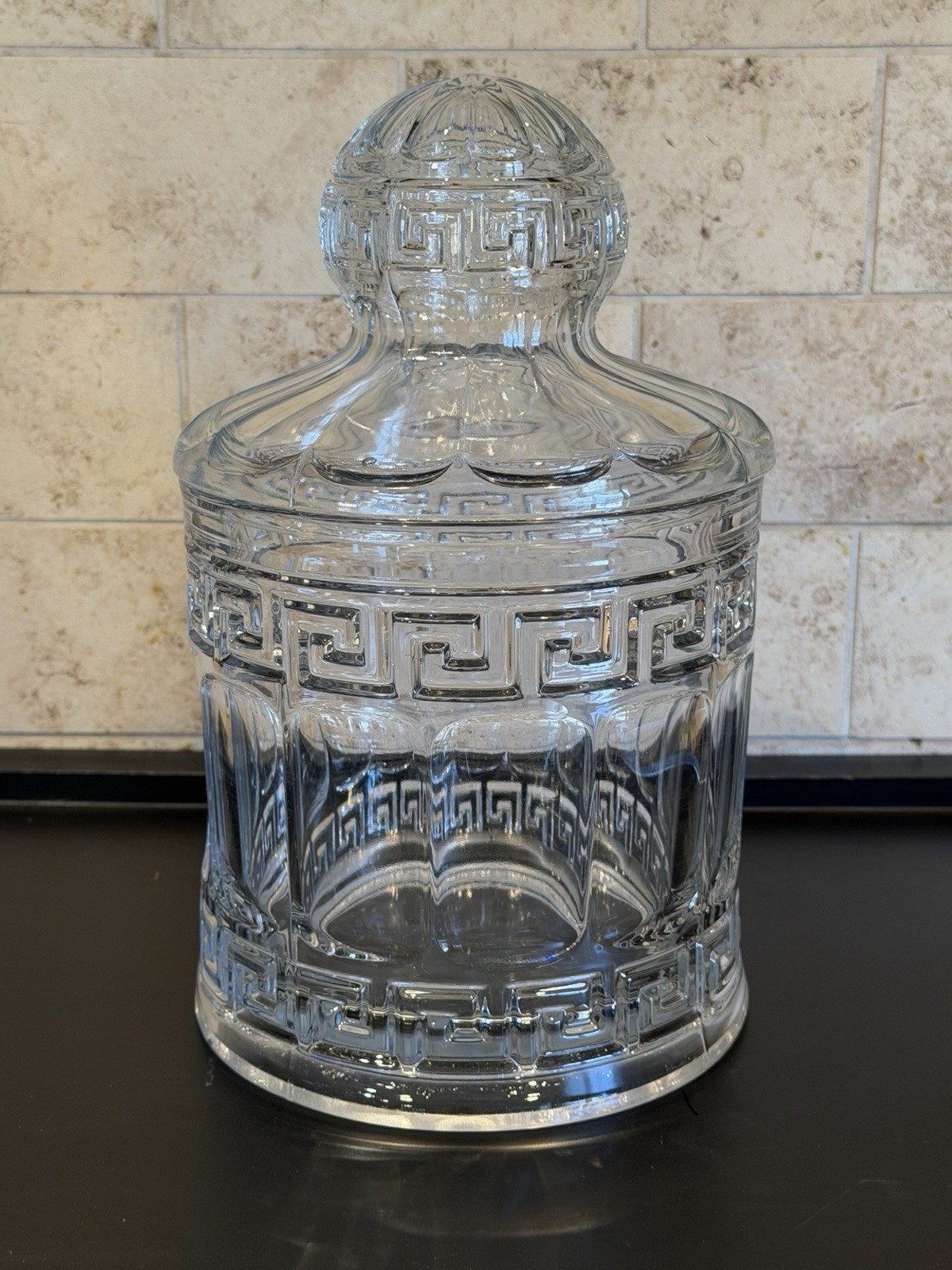 Vintage HEISEY 2 Quart Greek Key Crushed Fruit Jar With HOLLOW Lid 10” Preserves