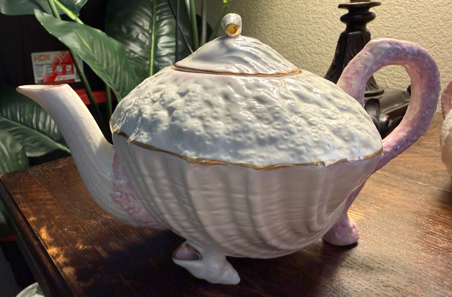 BELLEEK PINK NEPTUNE SEA SHELLS TEAPOT, SUGAR BOWL, CREAMER MINT CONDITION
