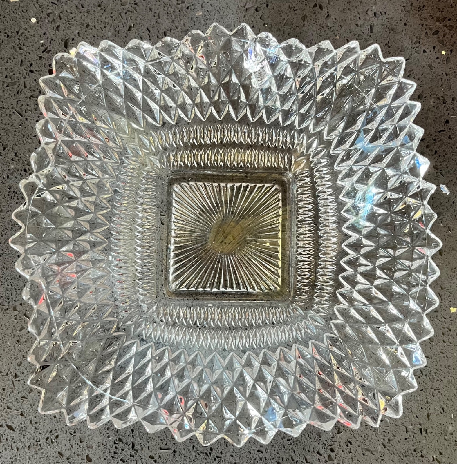 Vintage Indiana Glass Co Diamond Cut Design Square Dish w/ Ruffled Edges