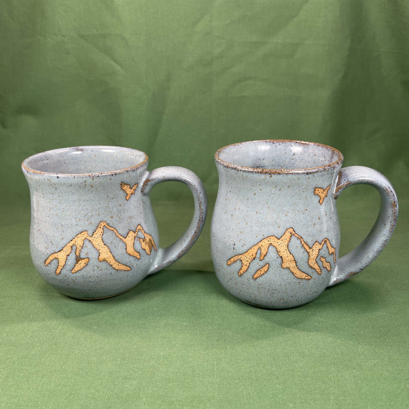 2 Studio Art Pottery Blue Grey & Tan Mugs Stoneware Mountains Eagle Design