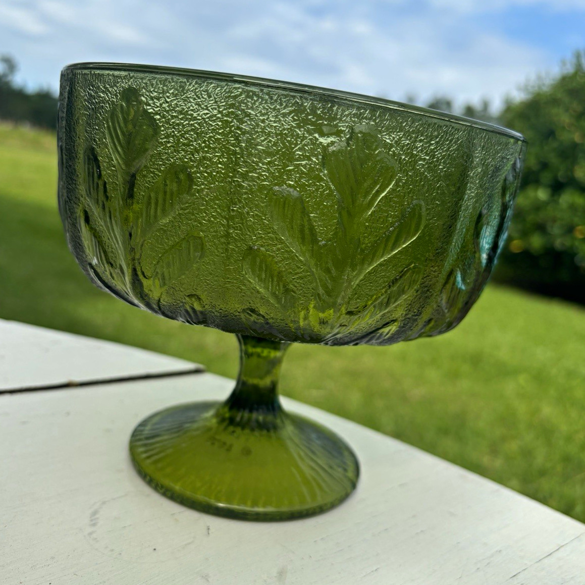 Green Pressed Glass Thistle Floral Pattern Footed Compote Pedestal Bowl
