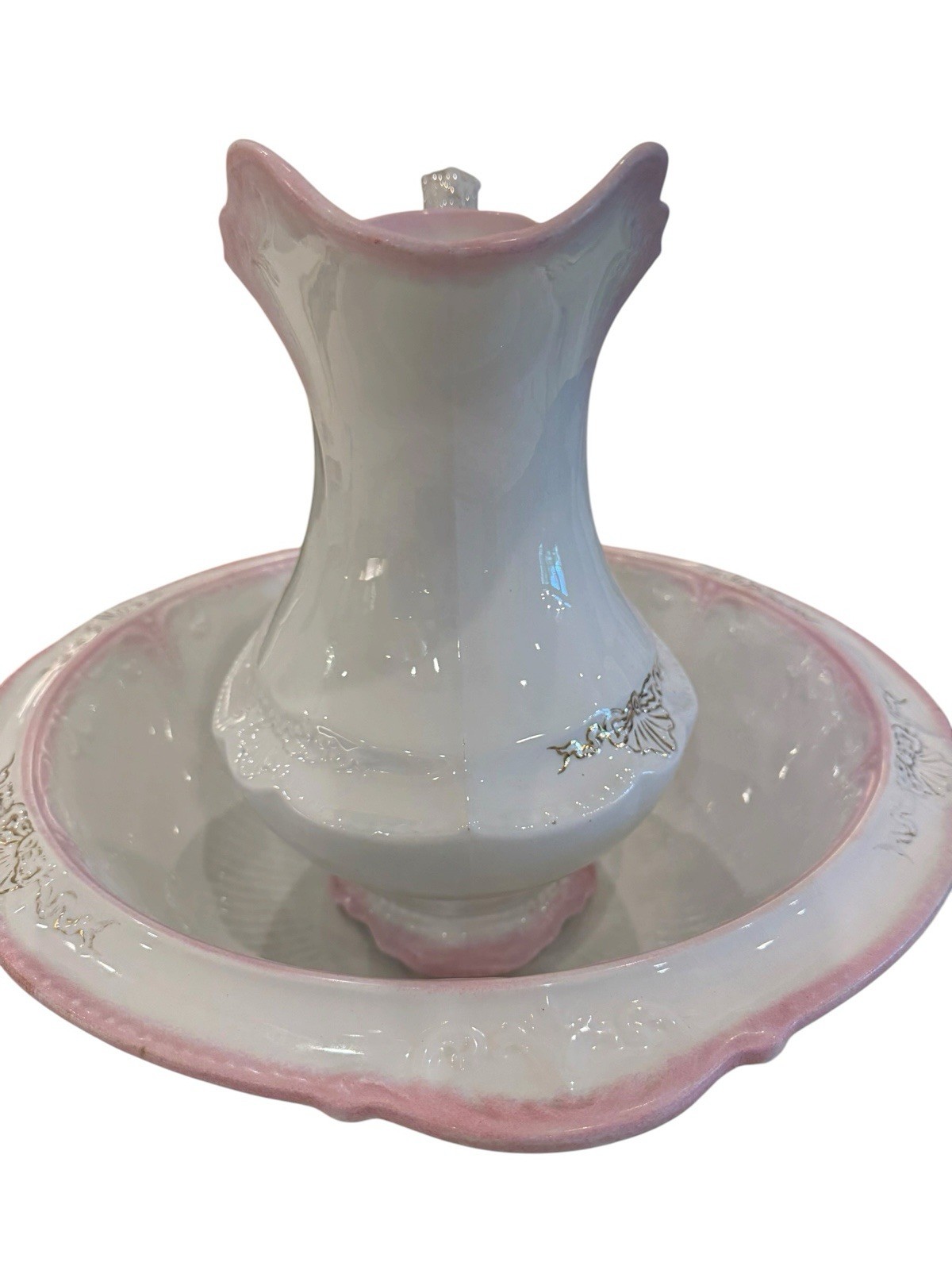 Antique WH Grindley XL 17.5″ Pitcher Basin Set Pink Ombre Gold Bows England 1890